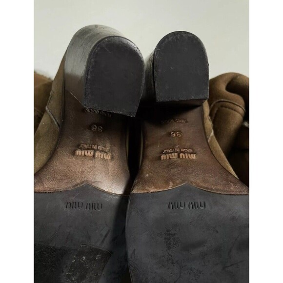 PRADA MIU MIU Brown Suede & Shearling Lining Tall Winter Heel Boots Women Sz 36 - Picture 7 of 10